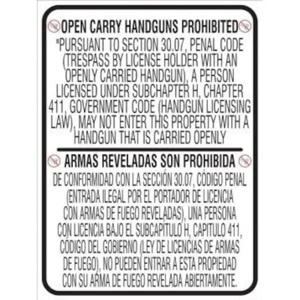 Accuform OPEN CARRY HANDGUNS PROHIBITEDARMAS REVELADAS SON PROHIBIDA TEXAS, Aluminum, 24 in x 18 in MACC509VA - main